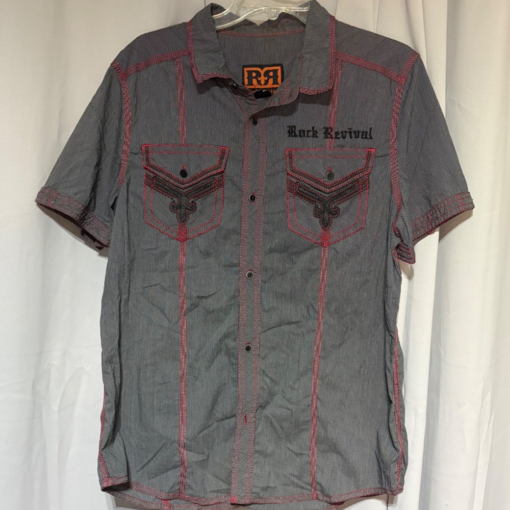 Rock Revival Button Down Mens XL SLE2029S Grey Red Contrast Stitch Y2K Shirt